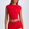 Santana transparentes, gerafftes, kurzes T-Shirt in Fiery Red Santana transparentes, gerafftes, kurzes T-Shirt in Fiery Red
