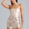 Sasha Metallic-Denim-Playsuit mit Gürtel und Korsett in Champagner Sasha Metallic-Denim-Playsuit mit Gürtel und Korsett in Champagner