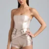 Sasha Metallic-Denim-Playsuit mit Gürtel und Korsett in Champagner Sasha Metallic-Denim-Playsuit mit Gürtel und Korsett in Champagner
