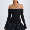 Serra Modal-Minikleid mit schulterfreiem Ausschnitt und Bubble-Saum in Schwarz Serra Modal-Minikleid mit schulterfreiem Ausschnitt und Bubble-Saum in Schwarz