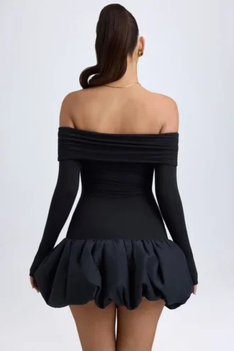Serra Modal-Minikleid mit schulterfreiem Ausschnitt und Bubble-Saum in Schwarz