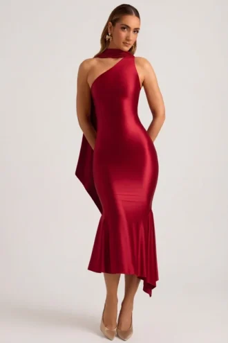 Shaya Asymmetrisches Midaxi-Kleid mit Schaldetail in True Red