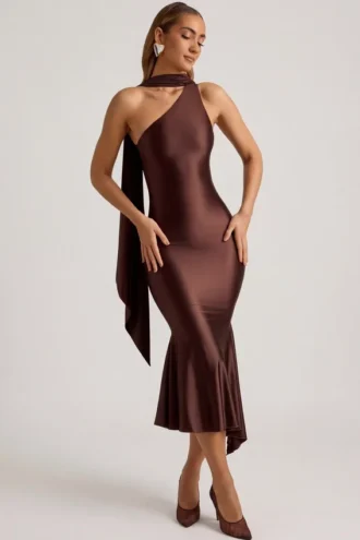 Shaya Midaxi-Kleid mit asymmetrischem Schaldetail in Schokoladenbraun