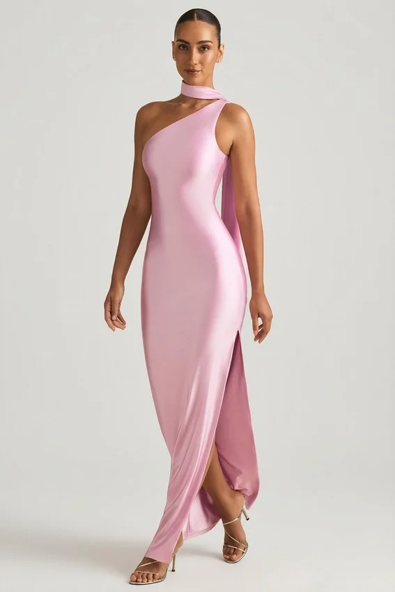 Sheril Asymmetrisches Maxikleid mit Schaldetail in Zartrosa Sheril Asymmetrisches Maxikleid mit Schaldetail in Zartrosa