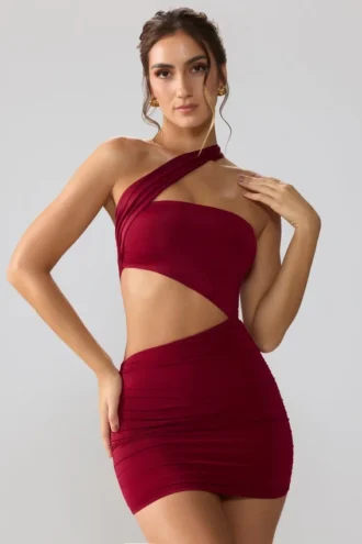 Shyla Slinky Jersey-Minikleid mit Rüschen und Cut-outs in Rubinrot