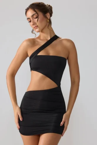 Shyla Slinky Jersey Rüschen-Cut-Out-Minikleid in Schwarz