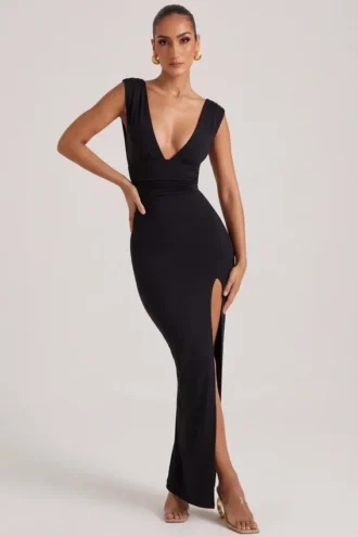Sloane Maxikleid mit hohem Schlitz und tiefem Ausschnitt in Schwarz