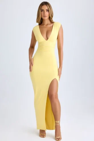Sloane Modal-Maxikleid mit tiefem Ausschnitt und Schlitz am Oberschenkel in Lemon Sherbet