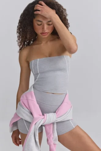 Soft Active Bandeau-Oberteil mit Kontrastbesatz in Meliertem Grau