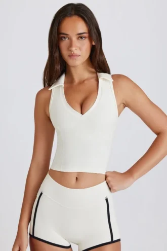 Soft Active Polo-Crop-Top in Elfenbein