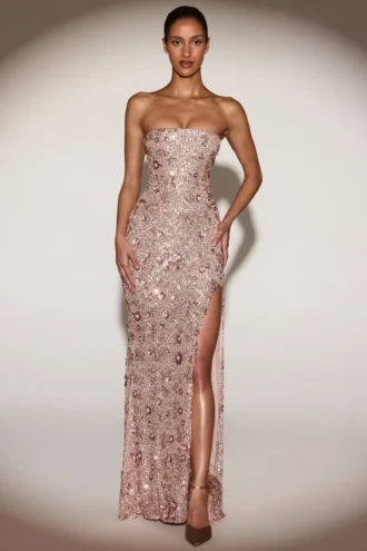 Solenna – Verziertes, trägerloses Bandeau-Kleid in Roségold