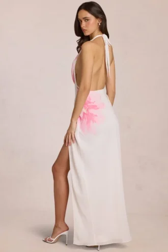 Solenne Chiffon-Maxikleid mit weißem Blumenmuster