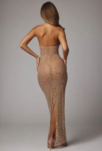 Soraya – Transparentes, verziertes Abendkleid mit hohem Ausschnitt in Mandel