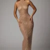 Soraya – Transparentes, verziertes Abendkleid mit hohem Ausschnitt in Mandel Soraya – Transparentes, verziertes Abendkleid mit hohem Ausschnitt in Mandel