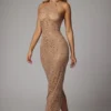 Soraya – Transparentes, verziertes Abendkleid mit hohem Ausschnitt in Mandel Soraya – Transparentes, verziertes Abendkleid mit hohem Ausschnitt in Mandel