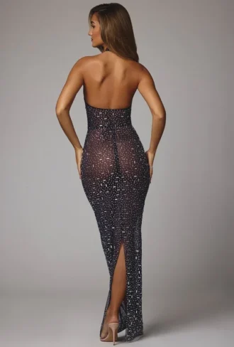 Soraya Transparentes, verziertes Abendkleid mit hohem Ausschnitt in Marineblau