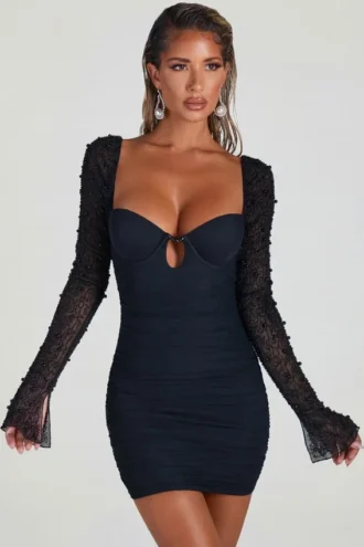St Germain verziertes Langarm-Minikleid in Schwarz