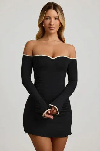 Stasia Modal-Minikleid mit schulterfreiem Ausschnitt und A-Linien-Schnitt in Schwarz