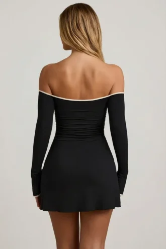 Stasia Modal-Minikleid mit schulterfreiem Ausschnitt und A-Linien-Schnitt in Schwarz