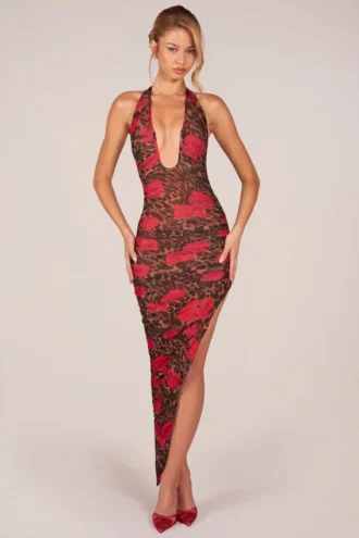 Storie Midaxi-Kleid mit Neckholder und geschlitztem Saum in rosa Leopardenmuster