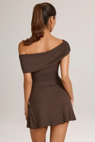 Suhana Modal Asymmetrisches A-Linien-Minikleid in Schokoladenbraun