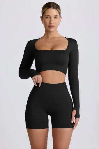 Super Sculpt nahtloses langärmeliges Crop-Top in Schwarz