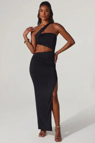 Suvi Maxikleid mit asymmetrischem Ausschnitt, Rüschen und Cut-outs in Schwarz