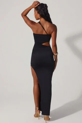 Suvi Maxikleid mit asymmetrischem Ausschnitt, Rüschen und Cut-outs in Schwarz