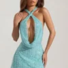 Sylune Minikleid mit verziertem Rollkragen und rückenfreiem Ausschnitt in Aquablau Sylune Minikleid mit verziertem Rollkragen und rückenfreiem Ausschnitt in Aquablau