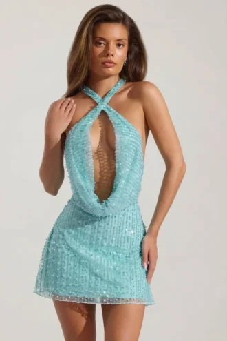 Sylune Minikleid mit verziertem Rollkragen und rückenfreiem Ausschnitt in Aquablau