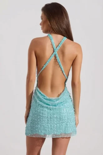 Sylune Minikleid mit verziertem Rollkragen und rückenfreiem Ausschnitt in Aquablau