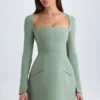 Taesha strukturiertes Minikleid mit Tulpenrock und quadratischem Ausschnitt in Khaki-Grün Taesha strukturiertes Minikleid mit Tulpenrock und quadratischem Ausschnitt in Khaki-Grün