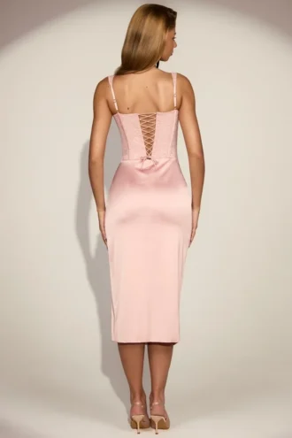 Taliah Spitzen-Midaxi-Kleid mit weichem U-Ausschnitt und Satin in Rosa