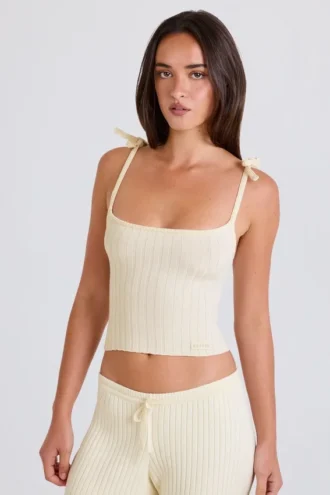 Tanktop aus geripptem Strick mit Bindebändern in Creme