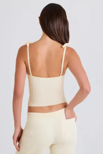 Tanktop aus geripptem Strick mit Bindebändern in Creme