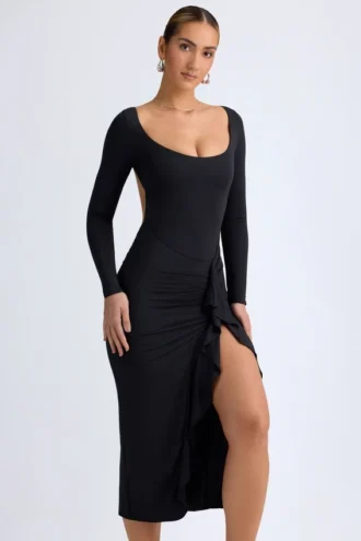 Tarai Modal-Midaxi-Kleid mit Rüschen in Schwarz