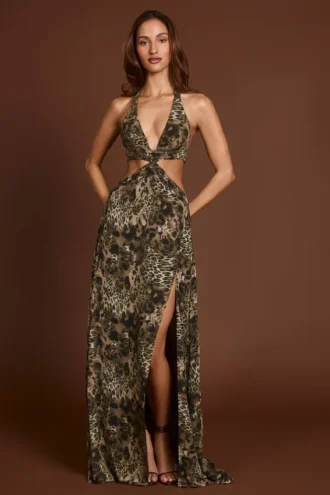 Tarsia Maxikleid mit tiefem Ausschnitt und Cut-outs im Leopardenmuster