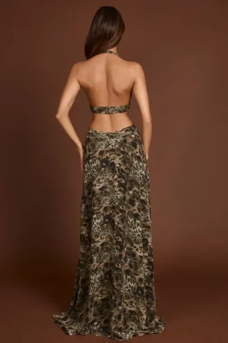 Tarsia Maxikleid mit tiefem Ausschnitt und Cut-outs im Leopardenmuster