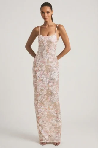 Tavira Maxikleid mit U-Ausschnitt und Rückenausschnitt, verziert, in Elfenbein