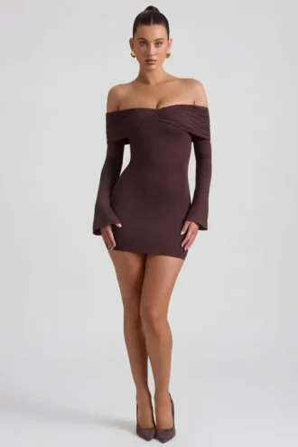 Thais Minikleid aus Modal-Kaschmir-Mischung mit gerafften Schultern in Espresso