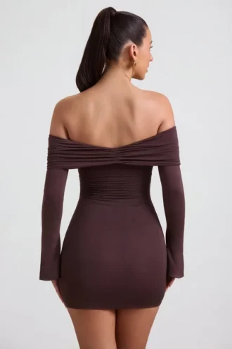 Thais Minikleid aus Modal-Kaschmir-Mischung mit gerafften Schultern in Espresso