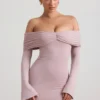 Thais Modal-Kaschmir-Mischung, schulterfreies, gerafftes Minikleid in Taupe Thais Modal-Kaschmir-Mischung, schulterfreies, gerafftes Minikleid in Taupe