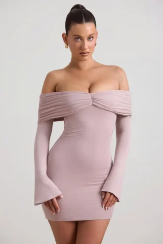 Thais Modal-Kaschmir-Mischung, schulterfreies, gerafftes Minikleid in Taupe