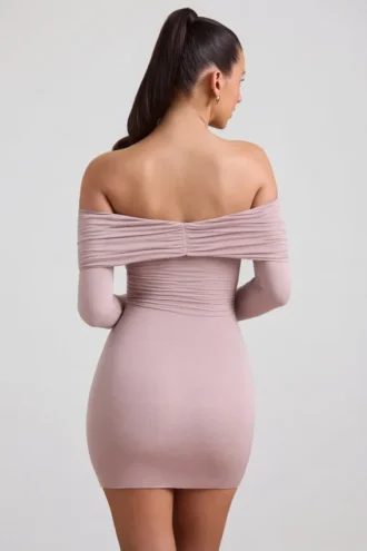 Thais Modal-Kaschmir-Mischung, schulterfreies, gerafftes Minikleid in Taupe