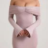 Thais Modal-Kaschmir-Mischung, schulterfreies, gerafftes Minikleid in Taupe Thais Modal-Kaschmir-Mischung, schulterfreies, gerafftes Minikleid in Taupe