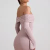 Thais Modal-Kaschmir-Mischung, schulterfreies, gerafftes Minikleid in Taupe Thais Modal-Kaschmir-Mischung, schulterfreies, gerafftes Minikleid in Taupe