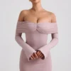 Thais Modal-Kaschmir-Mischung, schulterfreies, gerafftes Minikleid in Taupe Thais Modal-Kaschmir-Mischung, schulterfreies, gerafftes Minikleid in Taupe