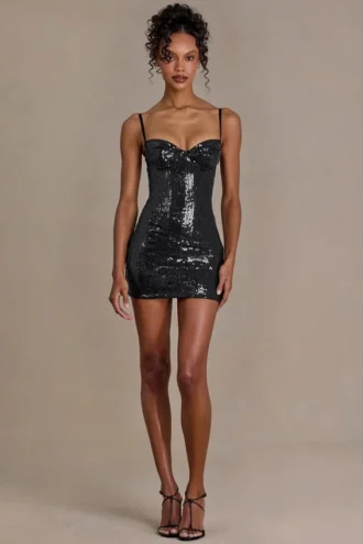 Theodora Premium-Minikleid aus Pailletten-Spitze in Schwarz