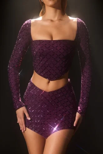 Thora verziertes asymmetrisches Crop-Top in Deep Purple