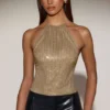 Tindra – Verziertes Jersey-Oberteil mit Neckholder und rückenfreiem Ausschnitt in Gold Tindra – Verziertes Jersey-Oberteil mit Neckholder und rückenfreiem Ausschnitt in Gold